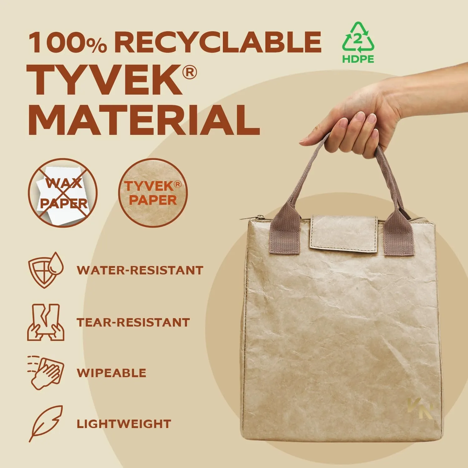 VonNova Insulated Lunch Box for Women, 7L Capacity, Leakproof Lunch Tote Bag, Durable Lunchbox made from Tyvek Material, Adult Cooler Bag for Work, Picnic, Travel and more (Beige)