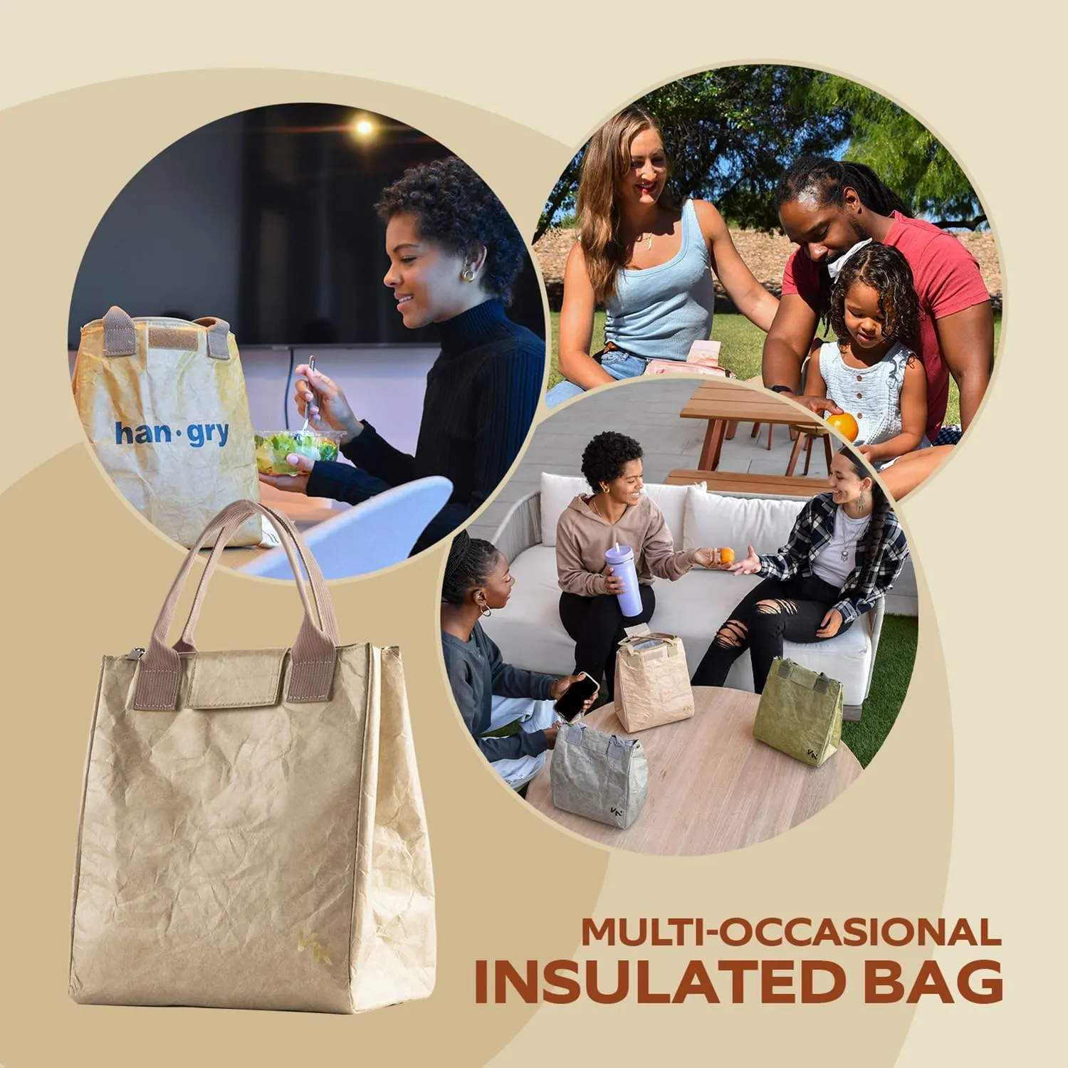 VonNova Insulated Lunch Box for Women, 7L Capacity, Leakproof Lunch Tote Bag, Durable Lunchbox made from Tyvek Material, Adult Cooler Bag for Work, Picnic, Travel and more (Beige)