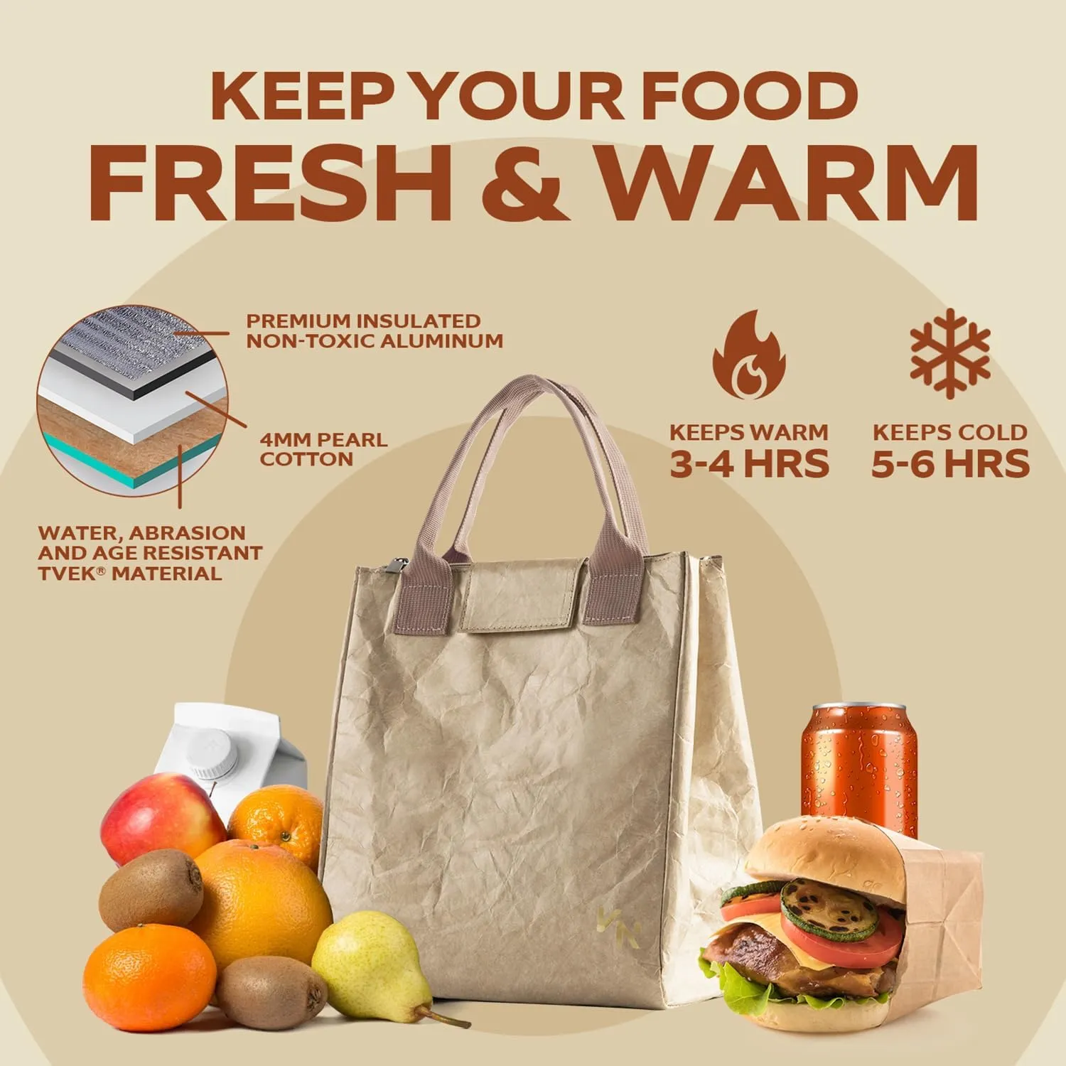 VonNova Insulated Lunch Box for Women, 7L Capacity, Leakproof Lunch Tote Bag, Durable Lunchbox made from Tyvek Material, Adult Cooler Bag for Work, Picnic, Travel and more (Beige)