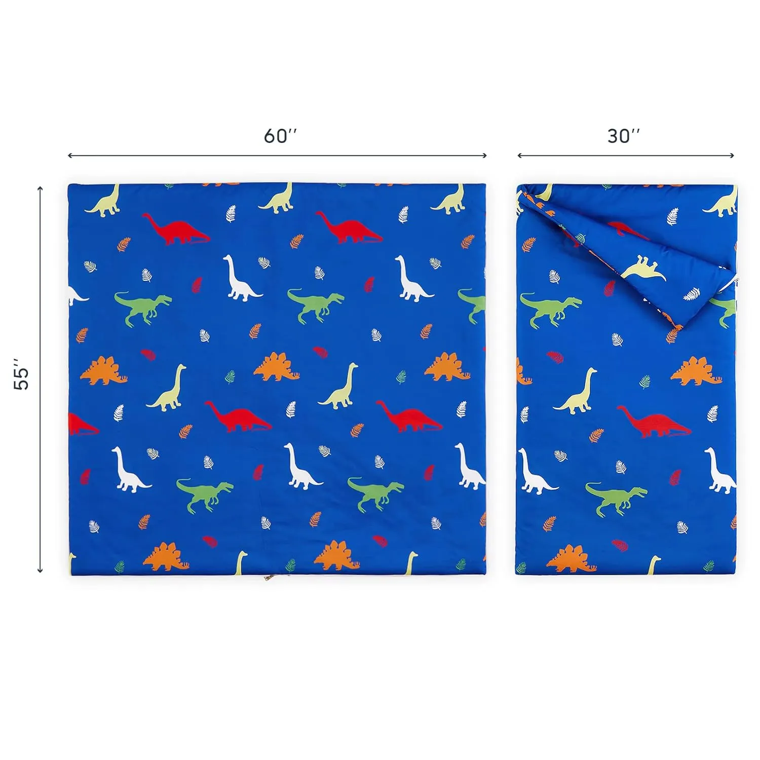 Wake In Cloud - Sleeping Bag Zippered, Nap Mat with Matching Pillow for Kids Boys Girls Sleepover Overnight Travel Slumber Bag, Colorful Dinosaurs Leaves on Blue, 100% Soft Microfiber