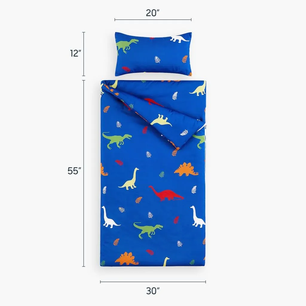 Wake In Cloud - Sleeping Bag Zippered, Nap Mat with Matching Pillow for Kids Boys Girls Sleepover Overnight Travel Slumber Bag, Colorful Dinosaurs Leaves on Blue, 100% Soft Microfiber