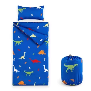 Wake In Cloud - Sleeping Bag Zippered, Nap Mat with Matching Pillow for Kids Boys Girls Sleepover Overnight Travel Slumber Bag, Colorful Dinosaurs Leaves on Blue, 100% Soft Microfiber