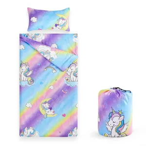 Wake In Cloud - Sleeping Bag Zippered, Nap Mat with Matching Pillow for Kids Boys Girls Sleepover Overnight Travel Slumber Bag, Colorful Unicorns Rainbow, 100% Soft Microfiber