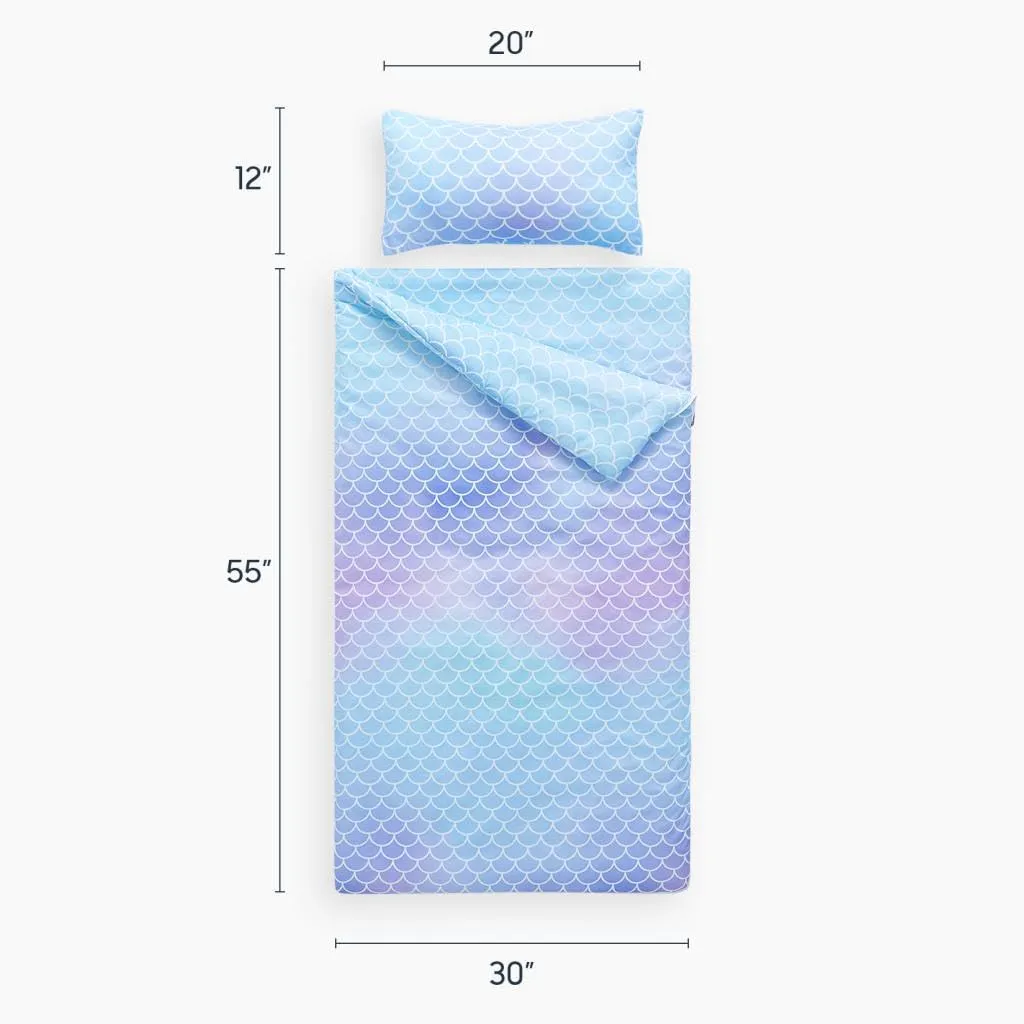 Wake In Cloud - Sleeping Bag Zippered, Nap Mat with Matching Pillow for Kids Boys Girls Sleepover Overnight Travel Slumber Bag, Mermaids Scales in Gradient Purple Blue, 100% Soft Microfiber