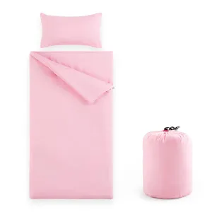 Wake In Cloud - Sleeping Bag Zippered, Nap Mat with Matching Pillow for Kids Boys Girls Sleepover Overnight Travel Slumber Bag, Solid Plain Color Pink, 100% Soft Microfiber