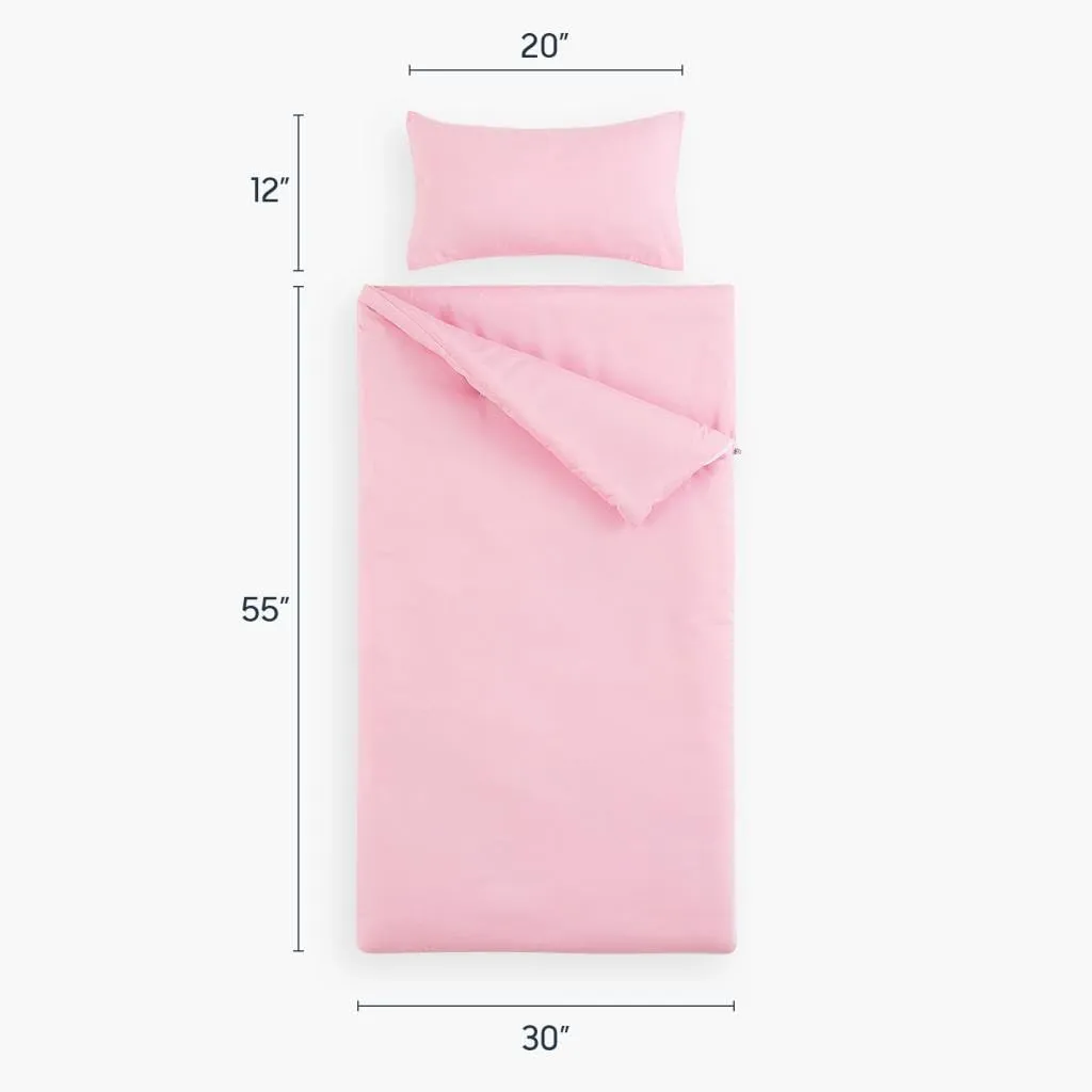 Wake In Cloud - Sleeping Bag Zippered, Nap Mat with Matching Pillow for Kids Boys Girls Sleepover Overnight Travel Slumber Bag, Solid Plain Color Pink, 100% Soft Microfiber