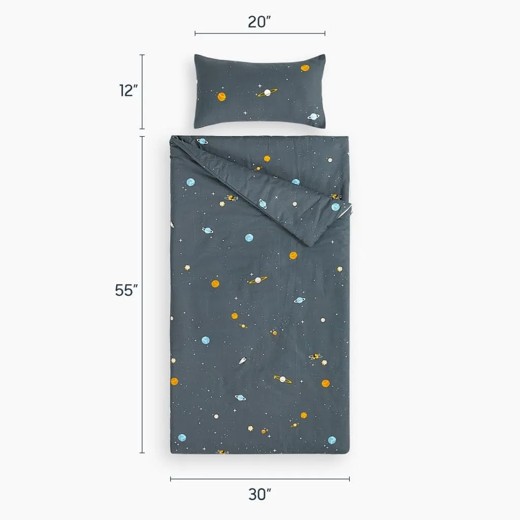 Wake In Cloud - Sleeping Bag Zippered, Nap Mat with Matching Pillow for Kids Boys Girls Sleepover Overnight Travel Slumber Bag, Space Stars Rockets on Gray Grey, 100% Cotton with Microfiber Fill