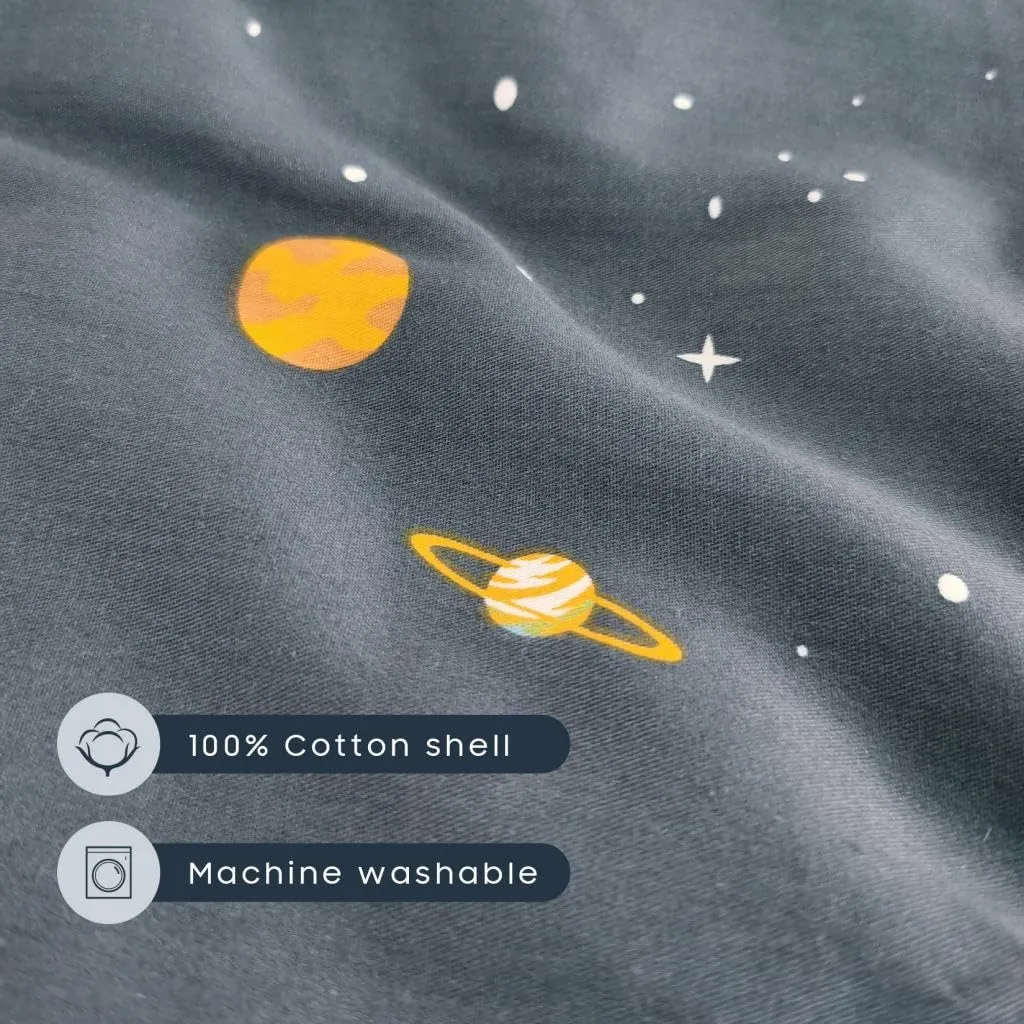 Wake In Cloud - Sleeping Bag Zippered, Nap Mat with Matching Pillow for Kids Boys Girls Sleepover Overnight Travel Slumber Bag, Space Stars Rockets on Gray Grey, 100% Cotton with Microfiber Fill