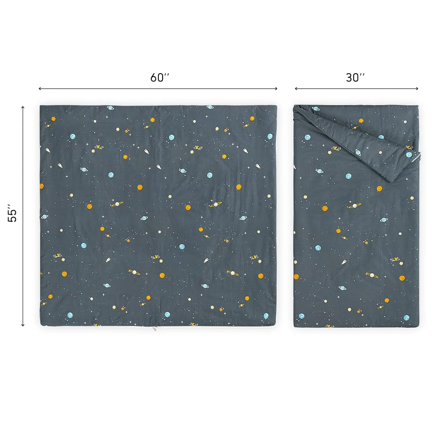 Wake In Cloud - Sleeping Bag Zippered, Nap Mat with Matching Pillow for Kids Boys Girls Sleepover Overnight Travel Slumber Bag, Space Stars Rockets on Gray Grey, 100% Cotton with Microfiber Fill
