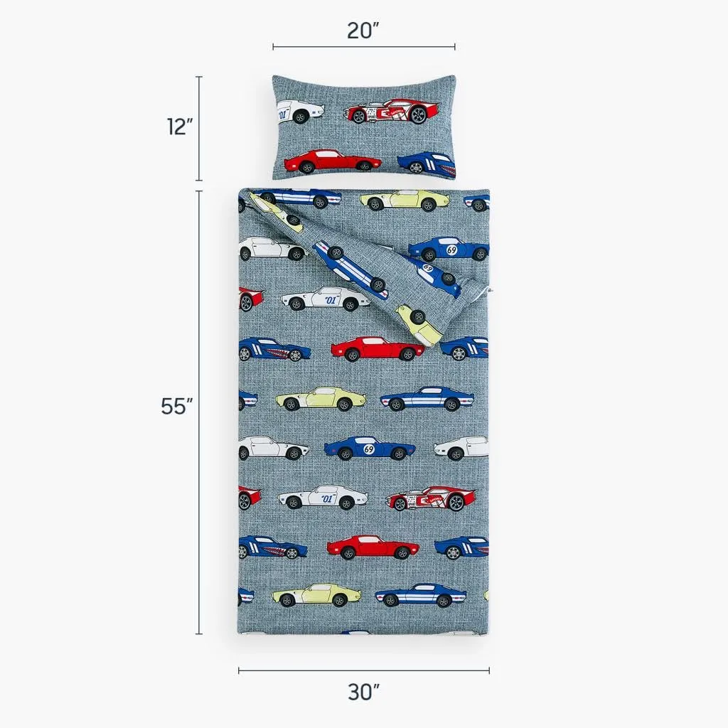 Wake In Cloud - Sleeping Bag Zippered, Nap Mat with Matching Pillow for Kids Boys Girls Sleepover Overnight Travel Slumber Bag, Sports Race Cars Supercars on Gray Grey, 100% Soft Microfiber
