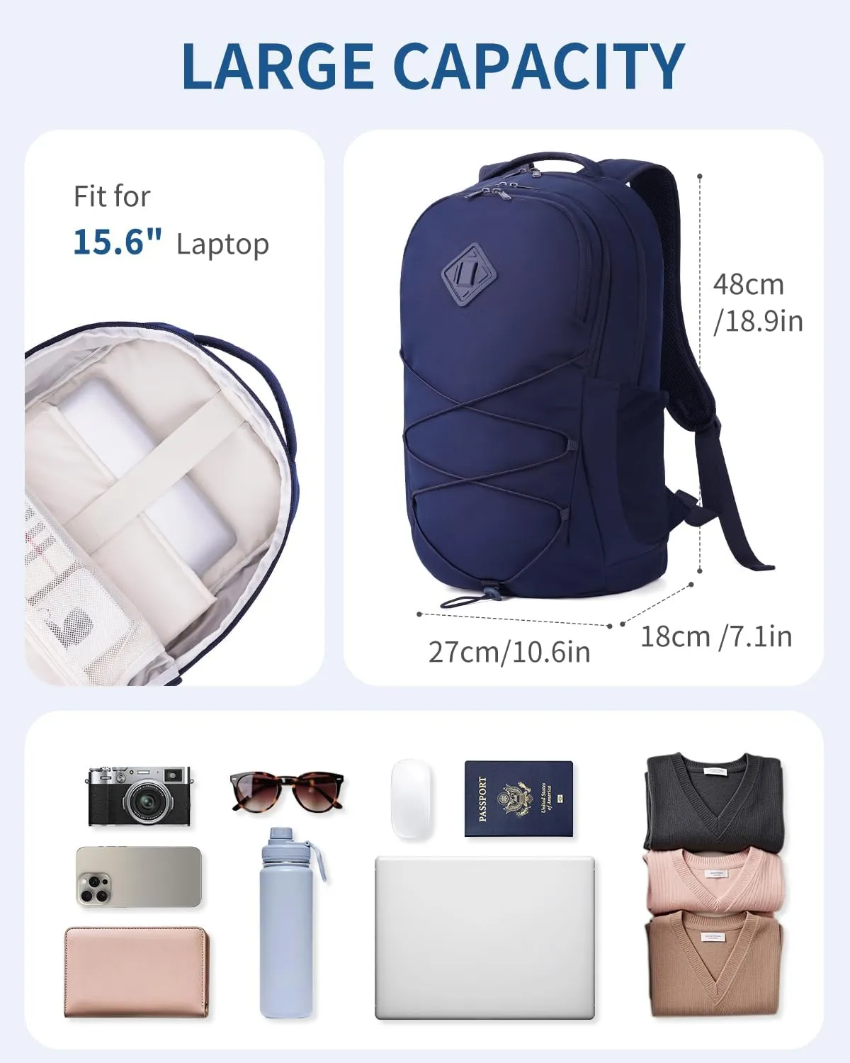 WANDF 15.6-Inch Laptop Backpack for Women Men Airline Approved Water Resistant Lightweight Travel Bag Casual Backpack for Weekender Business with Whistle Buckle & Elastic Strap (Navy Blue)