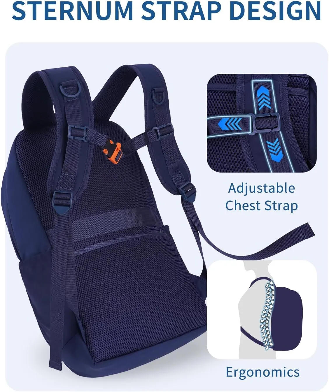 WANDF 15.6-Inch Laptop Backpack for Women Men Airline Approved Water Resistant Lightweight Travel Bag Casual Backpack for Weekender Business with Whistle Buckle & Elastic Strap (Navy Blue)
