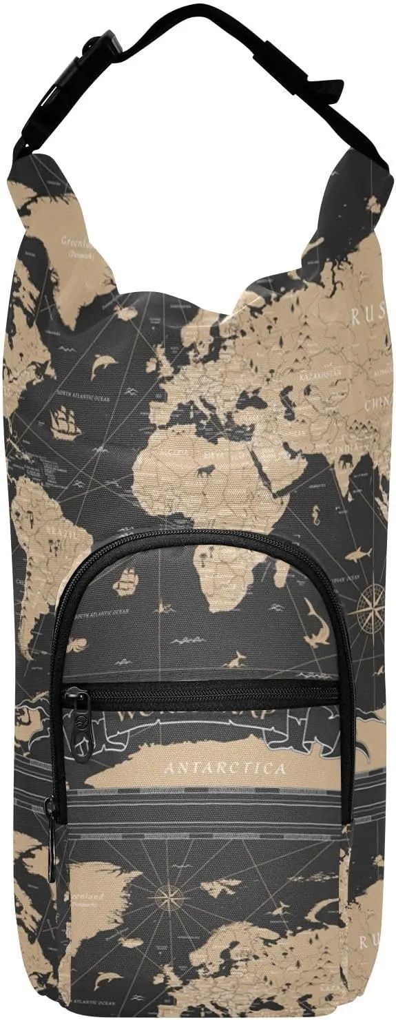 Water Bottle Sling Sleeve Bag, Bottle Carrier Holder Case Cover with Removable Strap Travel Mug Cup Storage with Pockets Print Retro World Map Vintage Black Pattern