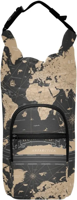 Water Bottle Sling Sleeve Bag, Bottle Carrier Holder Case Cover with Removable Strap Travel Mug Cup Storage with Pockets Print Retro World Map Vintage Black Pattern