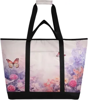Watercolor Flower Butterfly Reusable Insulated Lunchbox Cooler Bag, Leakproof Kitchen Grocery Bag Collapsible Portable Cooler Tote Bag for Picnic, Camping, Office, Travel