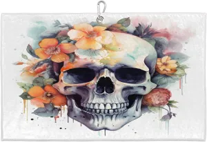 Watercolor Skull Flower Golf Towel with Heavy Duty Carabiner Clip Quick Dry Ultra Absorbent Club Ball Cleaning Towel Golf Accessories for Men Women