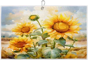 Watercolor Sunflower Flower Golf Towel with Heavy Duty Carabiner Ultra Absorbent Quick Dry Perfect for Cleaning Clubs Balls Gear Essential Golf Accessory for Men Women Kids