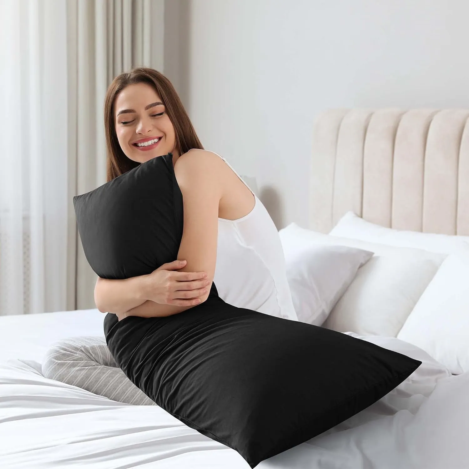 WhatsBedding Memory Foam Body Pillow with Breathable Zippered Cotton Cover, Full Body Pillow for Adults, Long Pillow for Sleeping, Firm Pillow Fluffy Supportive - Black