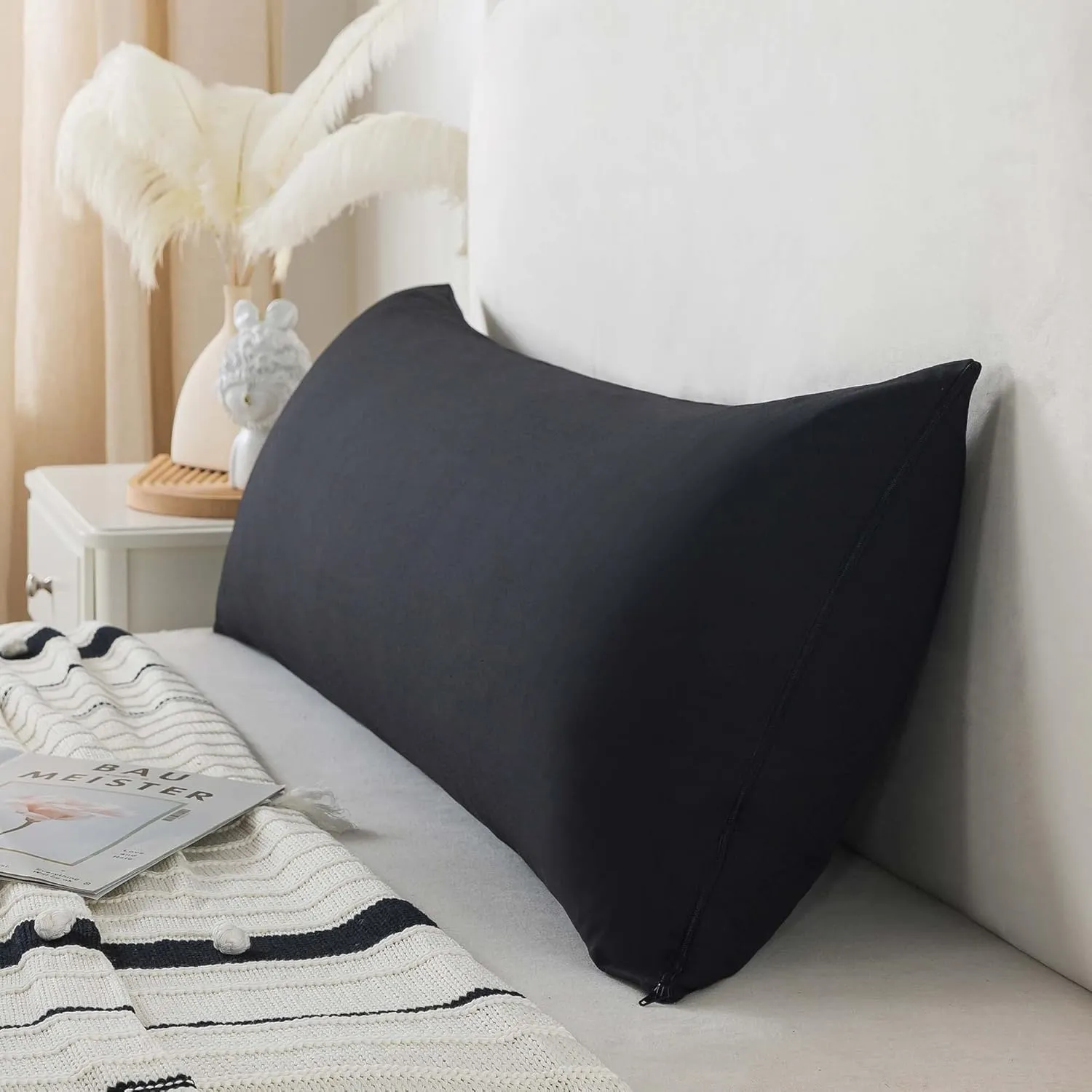 WhatsBedding Memory Foam Body Pillow with Breathable Zippered Cotton Cover, Full Body Pillow for Adults, Long Pillow for Sleeping, Firm Pillow Fluffy Supportive - Black