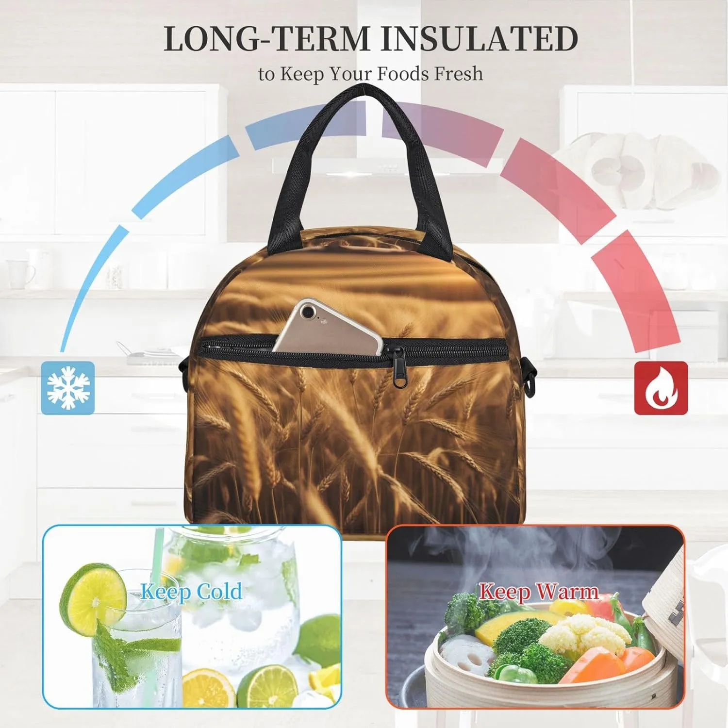Wheat Field Print Lunch Bag With Adjustable Shoulder Strap,Leakproof,Tote Bag For Office Work,Picnic And Outdoor
