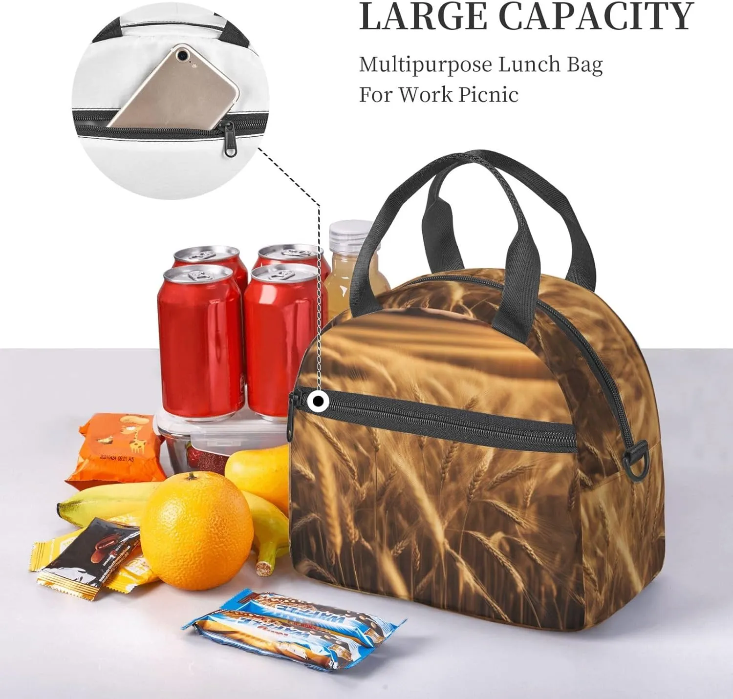 Wheat Field Print Lunch Bag With Adjustable Shoulder Strap,Leakproof,Tote Bag For Office Work,Picnic And Outdoor