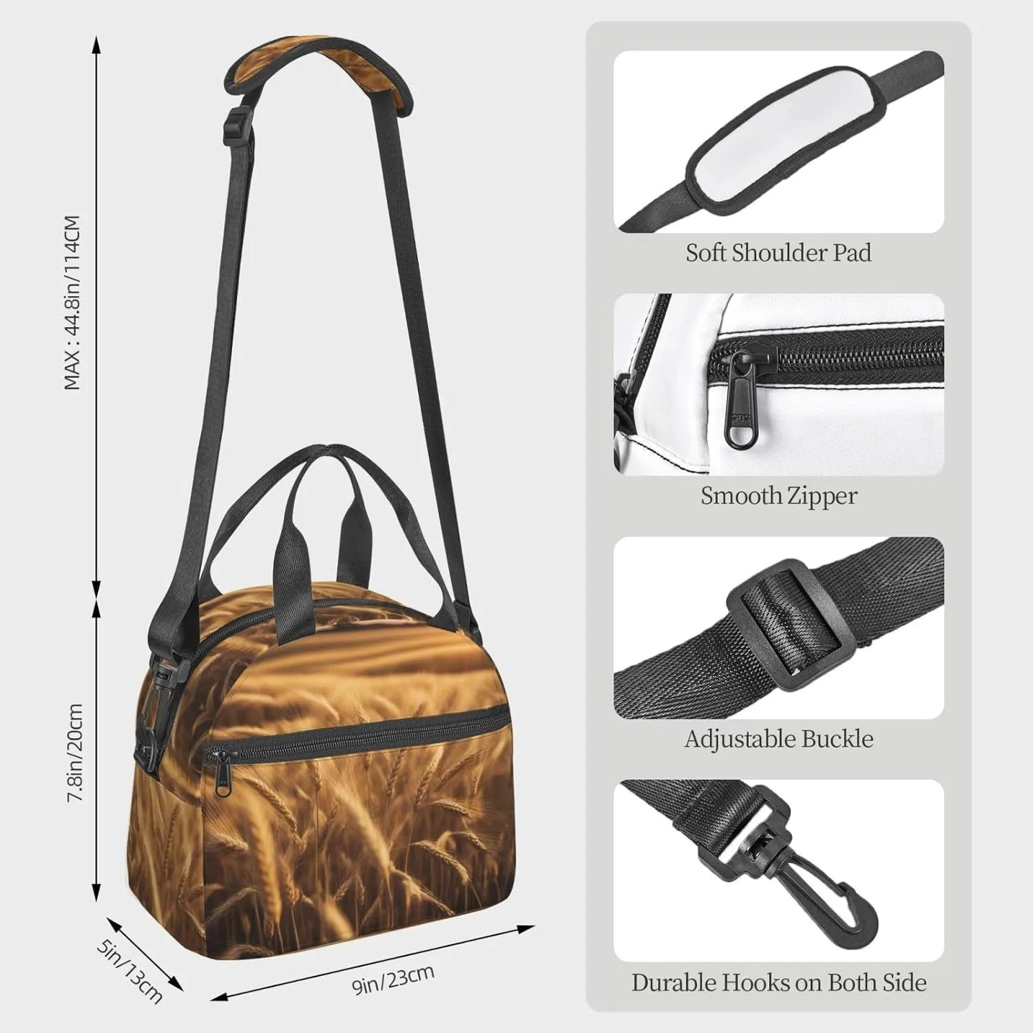 Wheat Field Print Lunch Bag With Adjustable Shoulder Strap,Leakproof,Tote Bag For Office Work,Picnic And Outdoor