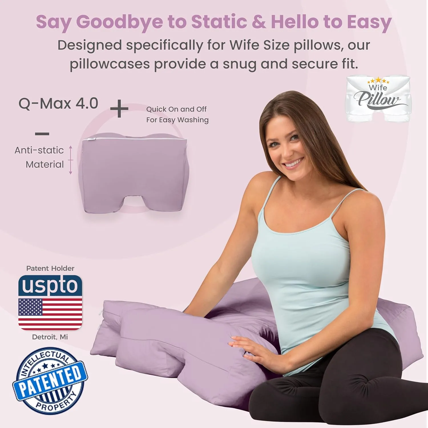 Wife Pillow Cooling Pillowcase: Q-Max 0.4 Cool Fabric, Buttery-Soft, Breathable, Silky-Smooth & Skin Friendly. Washable Cover w/Zipper. Designed for Comfortable & Refreshing Sleep, Purple Bliss