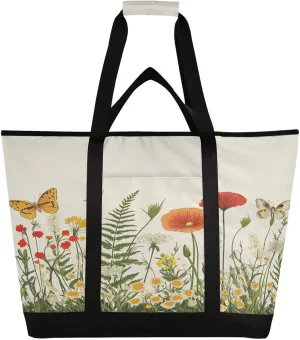 Wildflowers Butterfly Reusable Insulated Lunchbox Cooler Bag, Leakproof Kitchen Grocery Bag Collapsible Portable Cooler Tote Bag for Picnic, Camping, Office, Travel