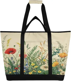 Wildflowers Reusable Insulated Lunchbox Cooler Bag, Leakproof Kitchen Grocery Bag Collapsible Portable Cooler Tote Bag for Picnic, Camping, Office, Travel
