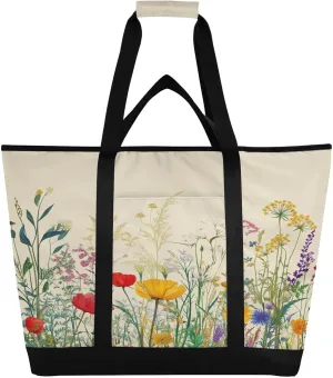 Wildflowers Reusable Insulated Lunchbox Cooler Bag, Leakproof Kitchen Grocery Bag Collapsible Portable Cooler Tote Bag for Picnic, Camping, Office, Travel