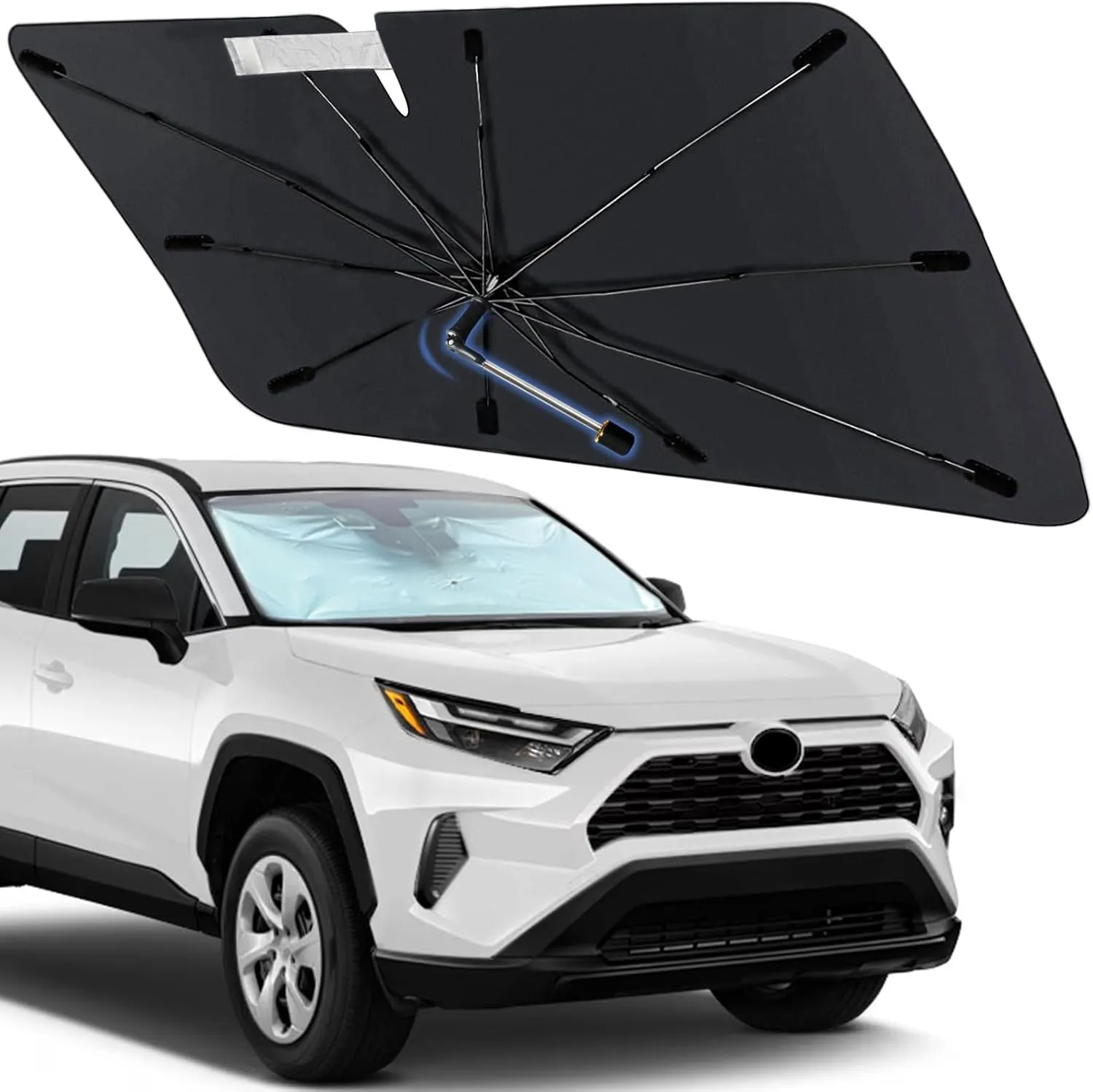 Windshield Sun Shade Umbrella for Toyota RAV4 2013-2025, Foldable Car Sunshade for Front Windows with 360° Rotating Shaft, Custom fit RAV4 Sun Visor Shield for UV Blocking and Heat Insulation
