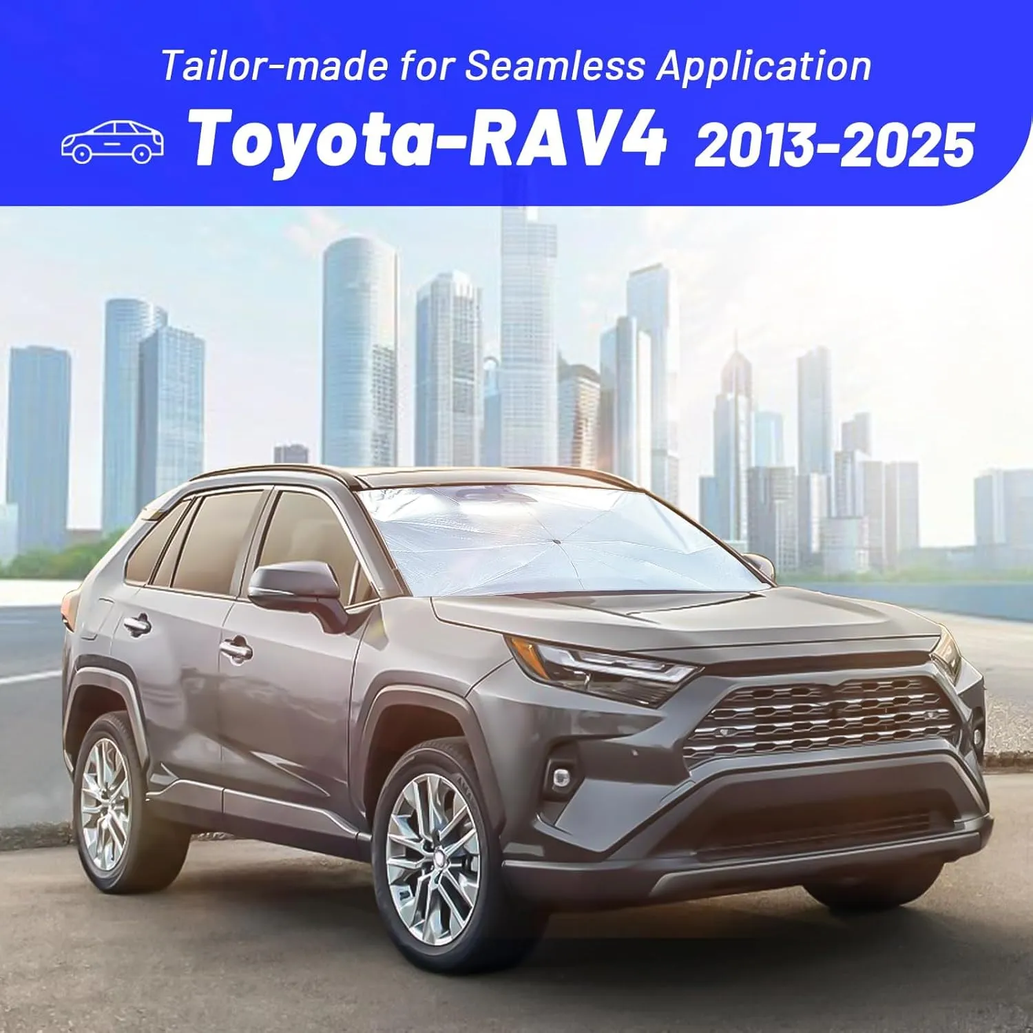 Windshield Sun Shade Umbrella for Toyota RAV4 2013-2025, Foldable Car Sunshade for Front Windows with 360° Rotating Shaft, Custom fit RAV4 Sun Visor Shield for UV Blocking and Heat Insulation
