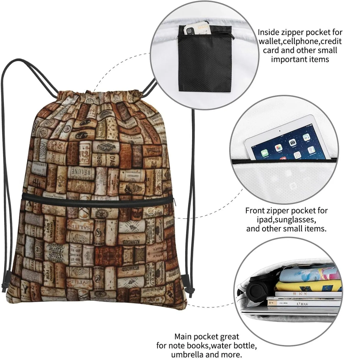 Wine Cork Drawstring Gym Bag Sports String Backpack For Beach Picnic, Family Outing