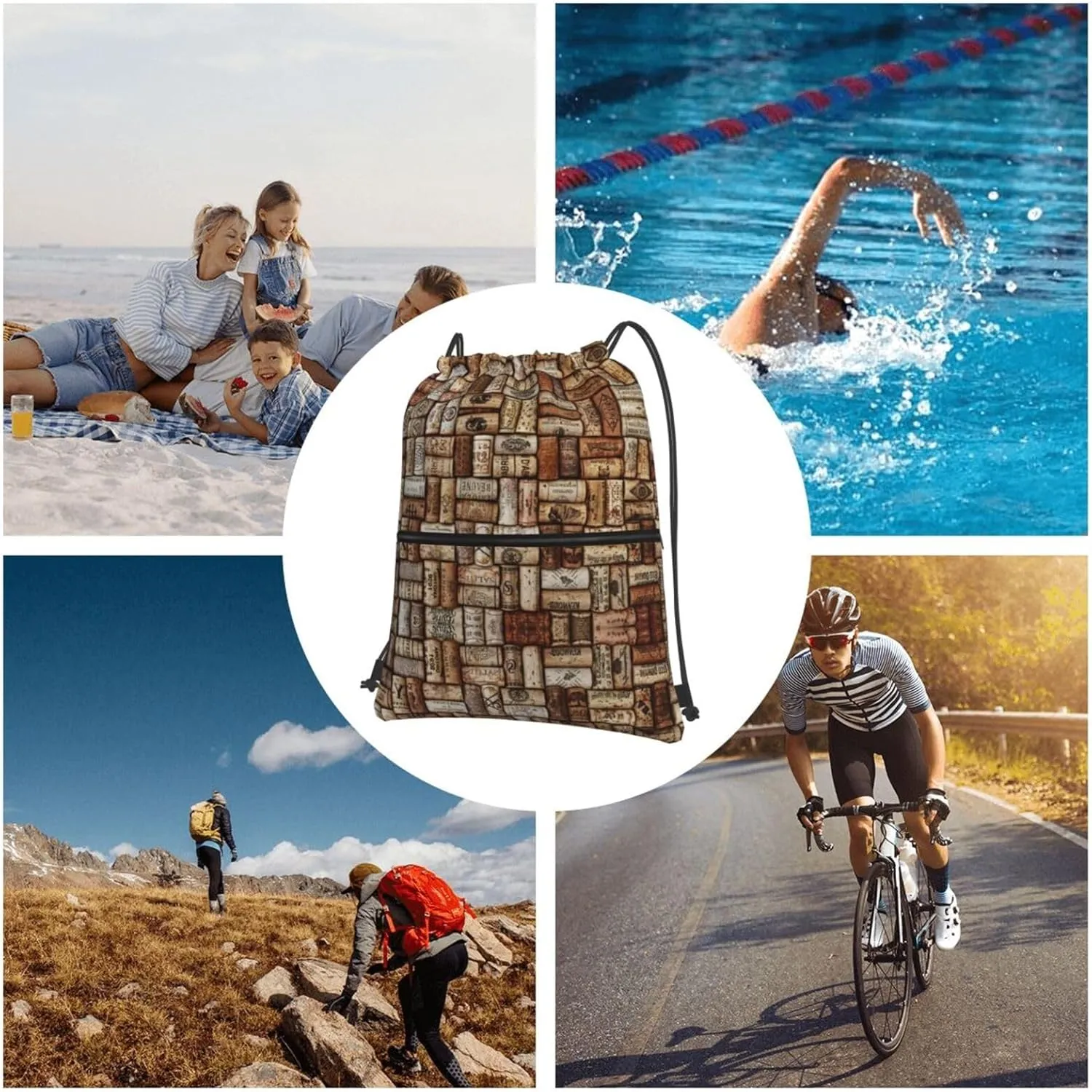 Wine Cork Drawstring Gym Bag Sports String Backpack For Beach Picnic, Family Outing