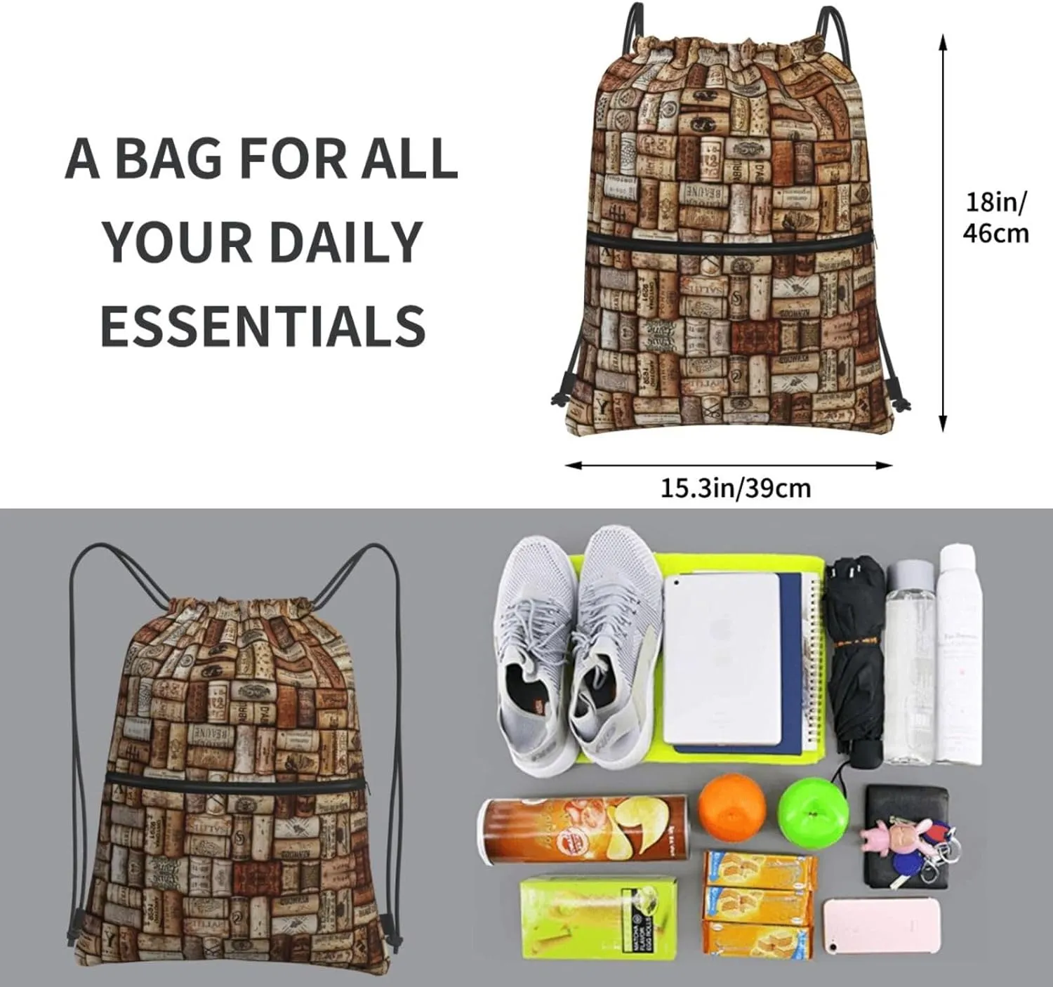 Wine Cork Drawstring Gym Bag Sports String Backpack For Beach Picnic, Family Outing