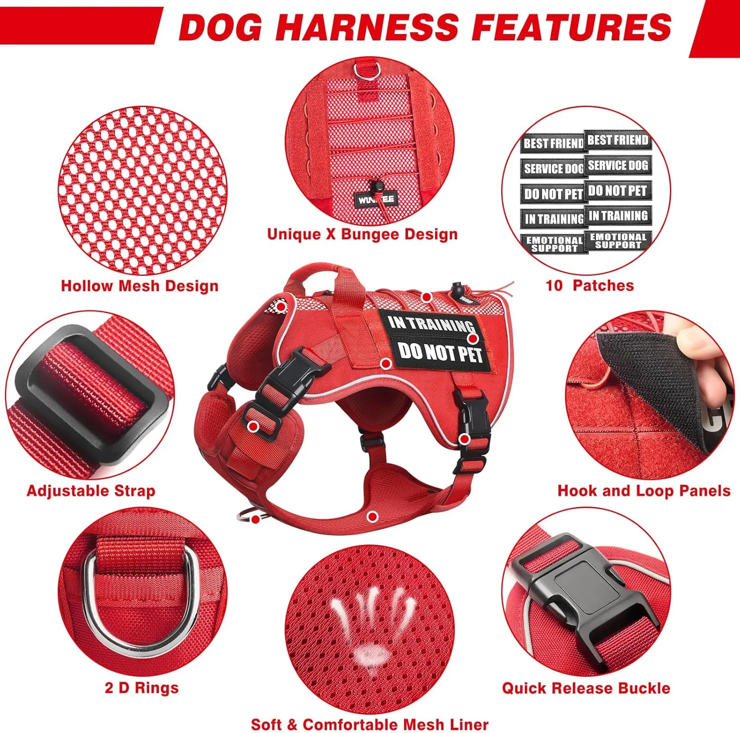 WINSEE Service Dog in Training Mesh Harness with 10 Pet Patches, Soft Air Mesh Breathable Tactical Dog Molle Vest, Reflective Military Pet Vest for Walking Hiking for Large Dogs