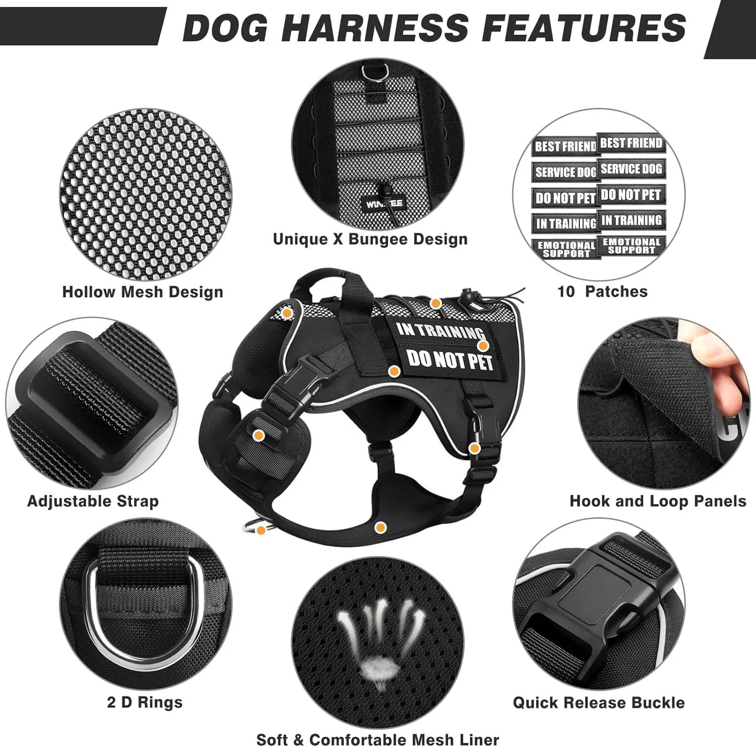 WINSEE Service Dog in Training Mesh Harness with 10 Pet Patches, Soft Air Mesh Breathable Tactical Dog Molle Vest, Reflective Military Pet Vest for Walking Hiking for Large Dogs