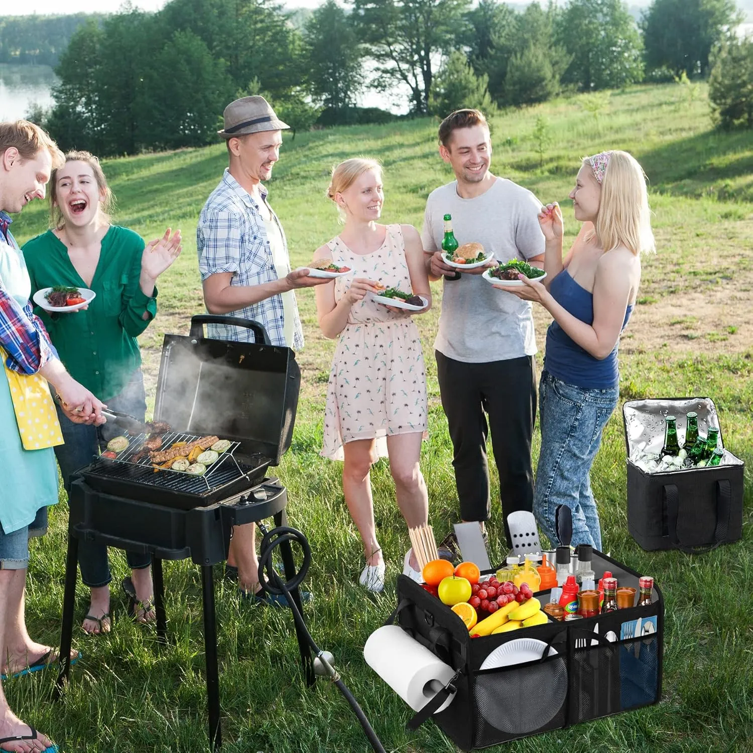 WOMACO Large Grill and Griddle Caddy with Cooler Bag, Outdoor Picnic and Camping Caddy with Paper Towel Holder, Travel, Car, RV (Dark Gray)