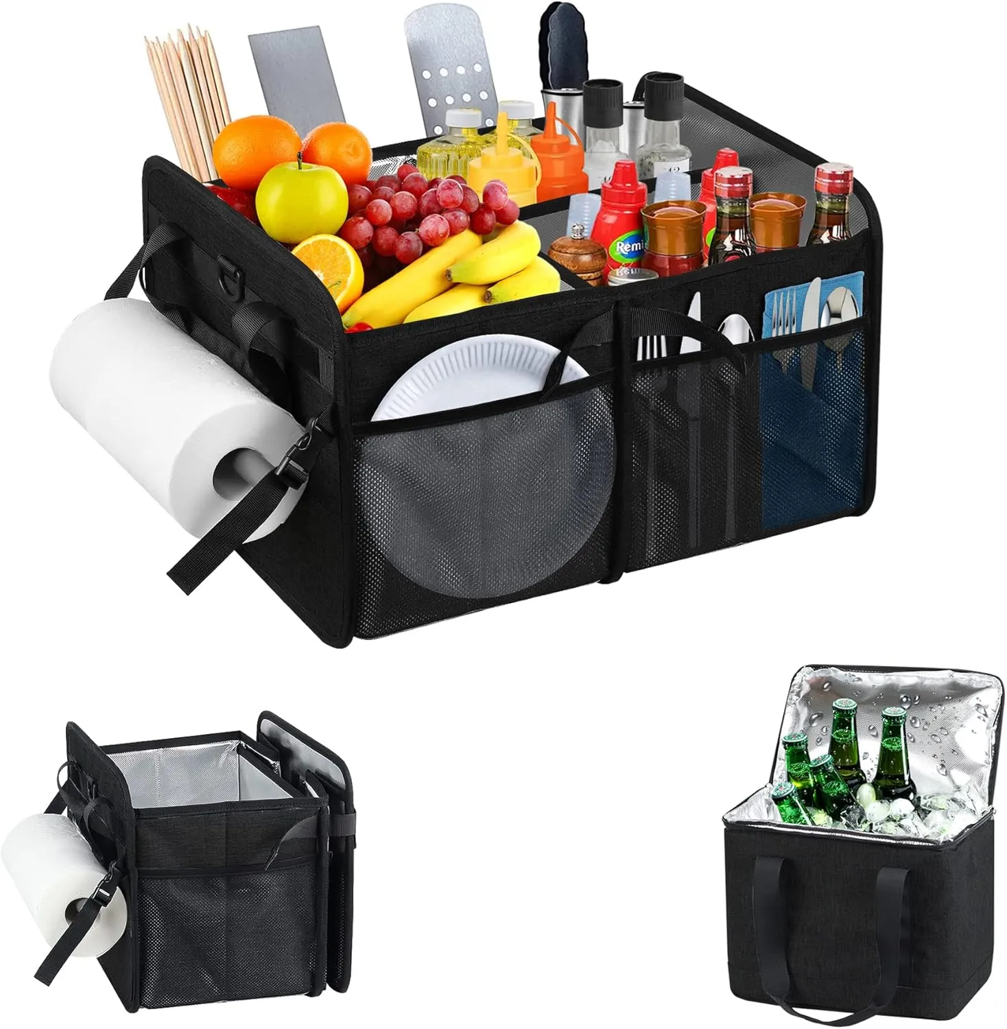 WOMACO Large Grill and Griddle Caddy with Cooler Bag, Outdoor Picnic and Camping Caddy with Paper Towel Holder, Travel, Car, RV (Dark Gray)