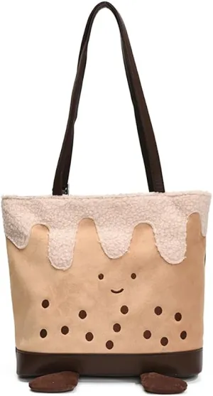 Women PU Leather Shoulder Handbag Lovely Novelty Underarm Bag with Fluffy Embellishments Cute Tote Purse