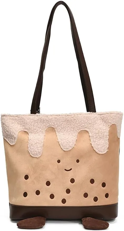 Women PU Leather Shoulder Handbag Lovely Novelty Underarm Bag with Fluffy Embellishments Cute Tote Purse