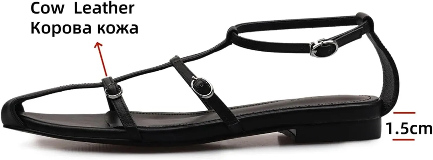 Women's Genuine Leather Low Heel Buckle Sandals - Comfort Casual Summer Party Shoes