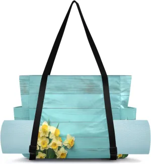 Wooden Yellow Flower Yoga Mat Bag Carrier with Wet Dry Storage Pockets Pilates Bag Large Gym Tote Carryall with Water Bottle Holder for Women Travel Beach Office