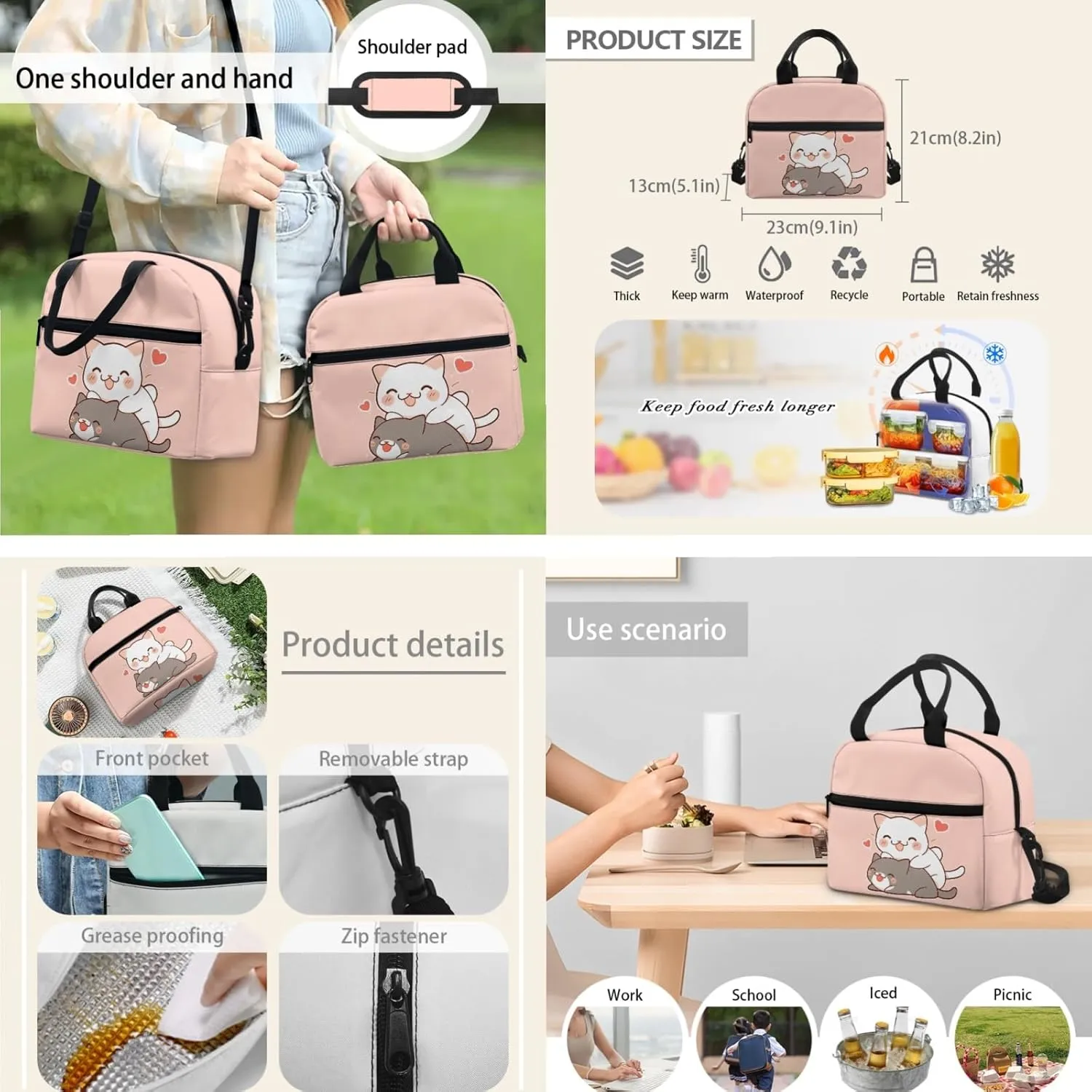 Xhuibop Cartoon Cat Backpack and Lunch Box for Girls 4-6 Kids School Bag with Lunchbox Pencil Case 3 IN 1 Bookbag and Lunch Box Set Children Book Bag for 6th Grade Girls