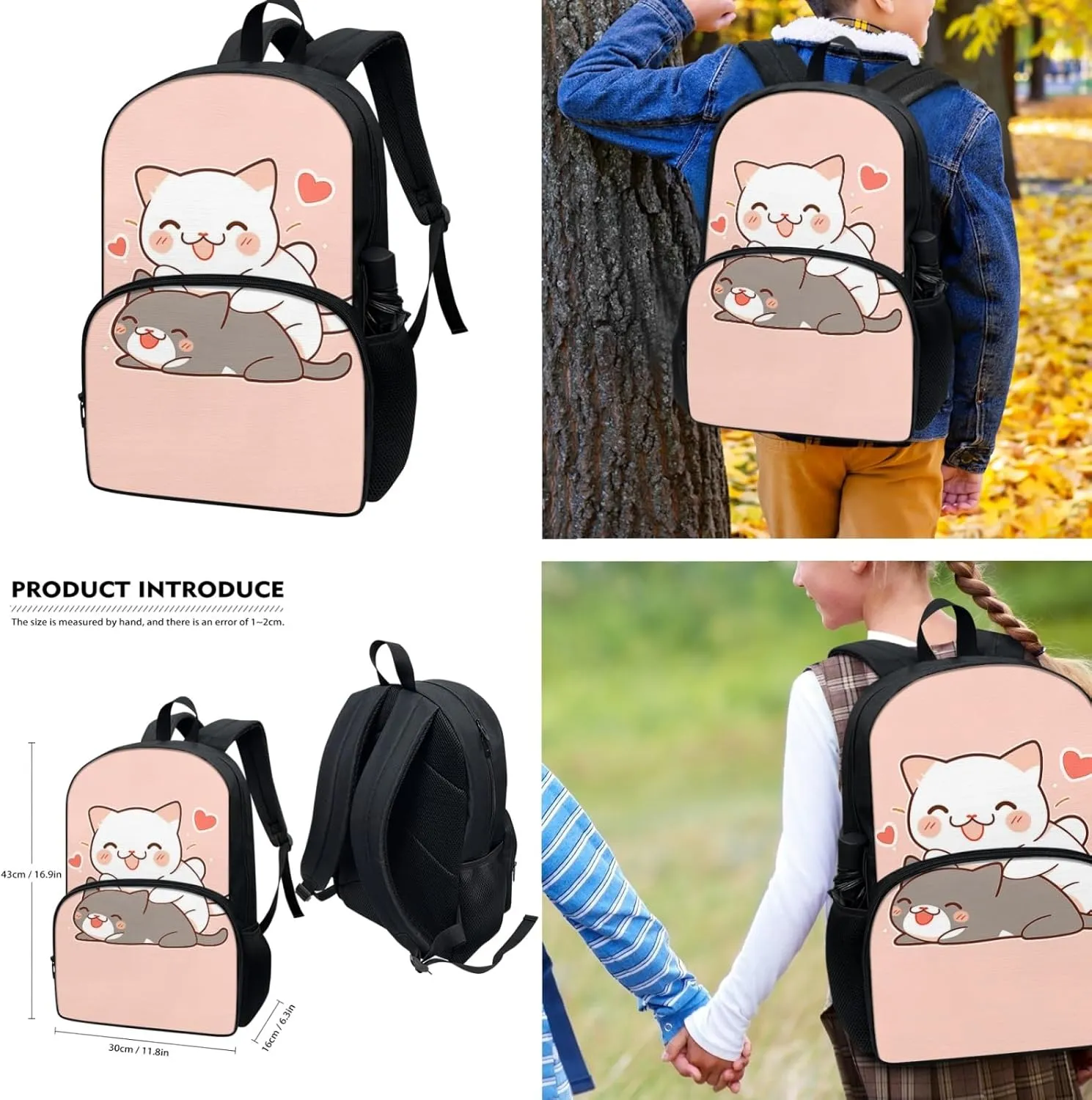 Xhuibop Cartoon Cat Backpack and Lunch Box for Girls 4-6 Kids School Bag with Lunchbox Pencil Case 3 IN 1 Bookbag and Lunch Box Set Children Book Bag for 6th Grade Girls