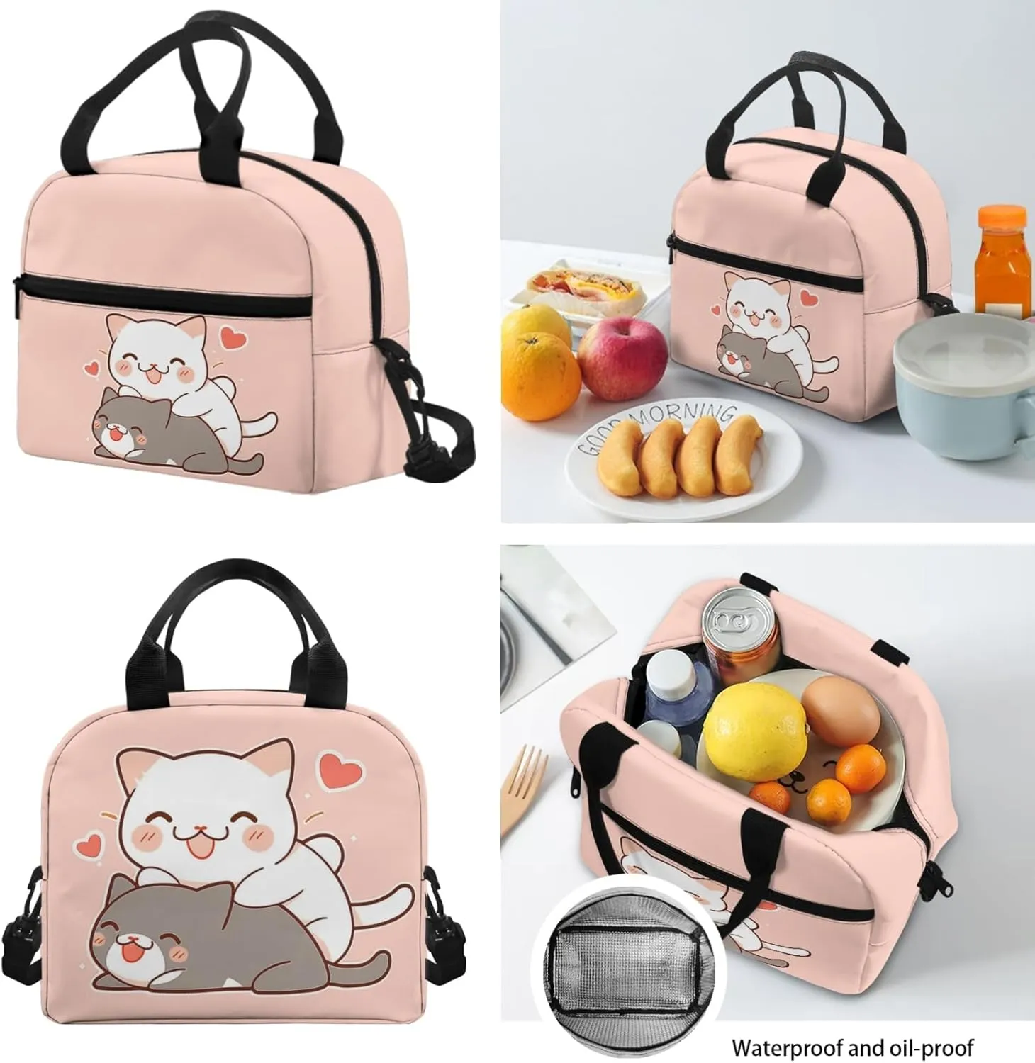 Xhuibop Cartoon Cat Backpack and Lunch Box for Girls 4-6 Kids School Bag with Lunchbox Pencil Case 3 IN 1 Bookbag and Lunch Box Set Children Book Bag for 6th Grade Girls