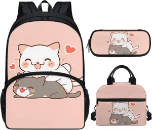 Xhuibop Cartoon Cat Backpack and Lunch Box for Girls 4-6 Kids School Bag with Lunchbox Pencil Case 3 IN 1 Bookbag and Lunch Box Set Children Book Bag for 6th Grade Girls