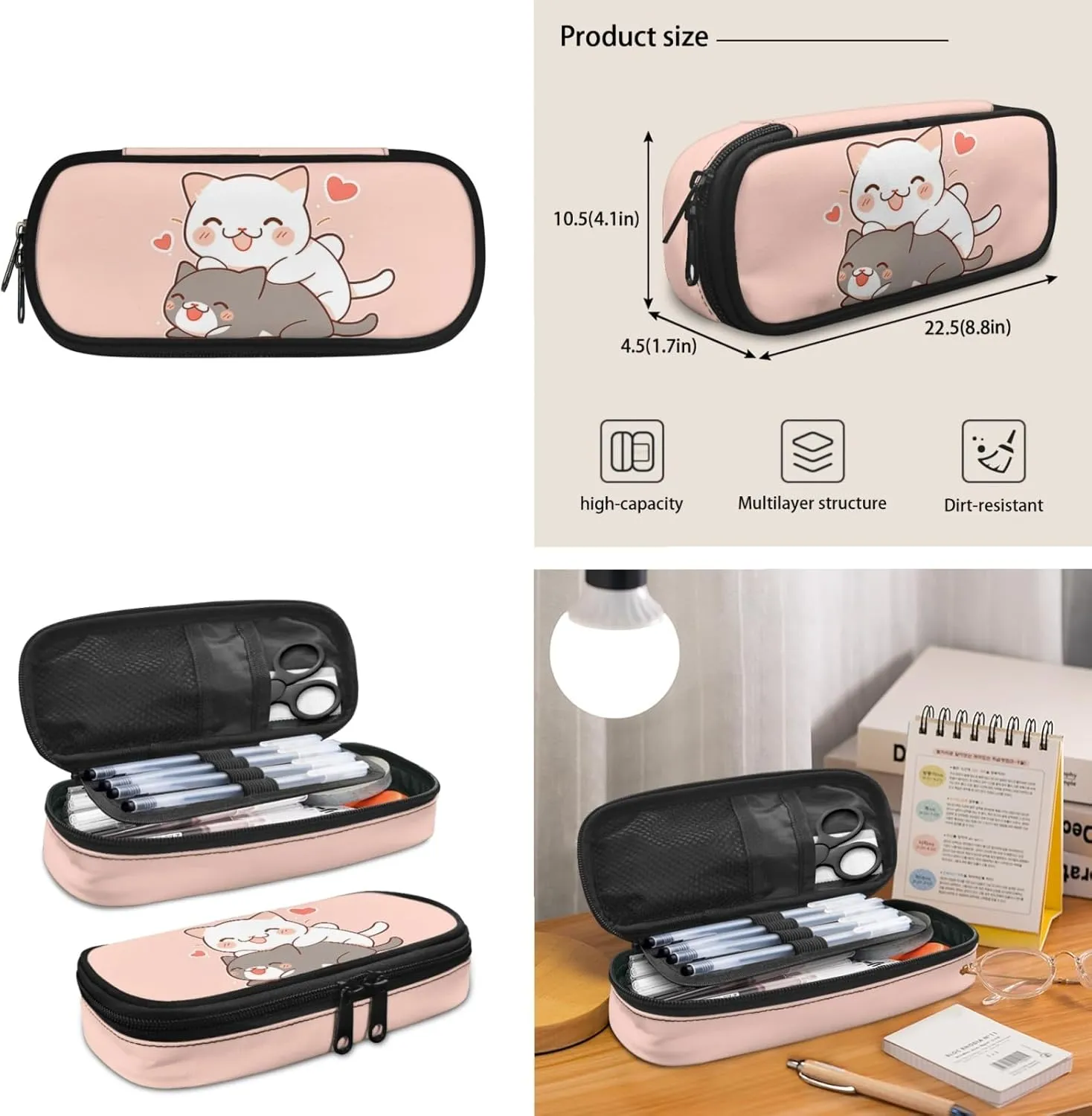 Xhuibop Cartoon Cat Backpack and Lunch Box for Girls 4-6 Kids School Bag with Lunchbox Pencil Case 3 IN 1 Bookbag and Lunch Box Set Children Book Bag for 6th Grade Girls