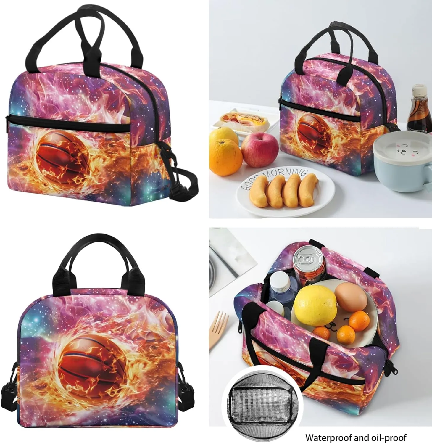 Xhuibop Galaxy Backpack with Lunch Bag for Boys 12-16 Fire Basketball Bookbag and Lunch Box Set of 3 Kids Book Bag with Lunch Box Pencil Case 17 Inch School Bag for 6th Girls