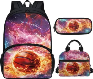 Xhuibop Galaxy Backpack with Lunch Bag for Boys 12-16 Fire Basketball Bookbag and Lunch Box Set of 3 Kids Book Bag with Lunch Box Pencil Case 17 Inch School Bag for 6th Girls